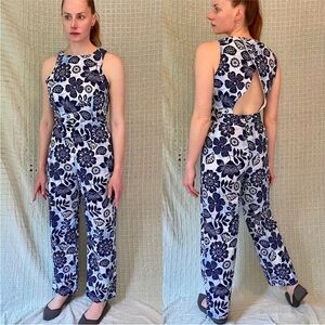 Vintage 70s Blue Floral Hawaiian Cute Summer Open Back Jumpsuit size L